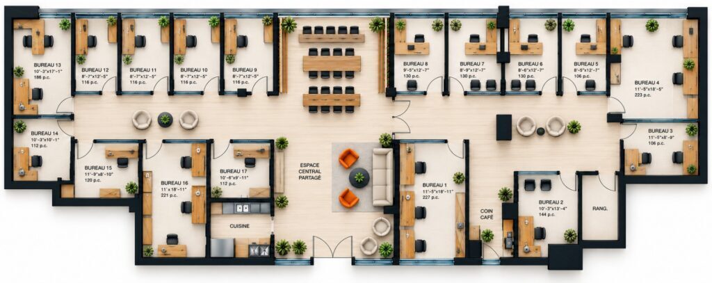 Plan de la Suite 460 : 17 bureaux privés, salle de conférence, cuisine et espace central partagé